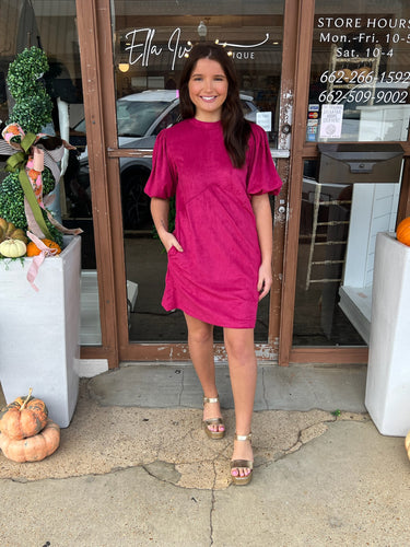 ivy jane pouf sleeve suede dress in magenta