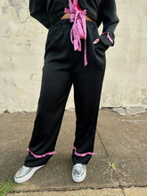 Load image into Gallery viewer, peach love solid satin tie front ruffle pajama set in black