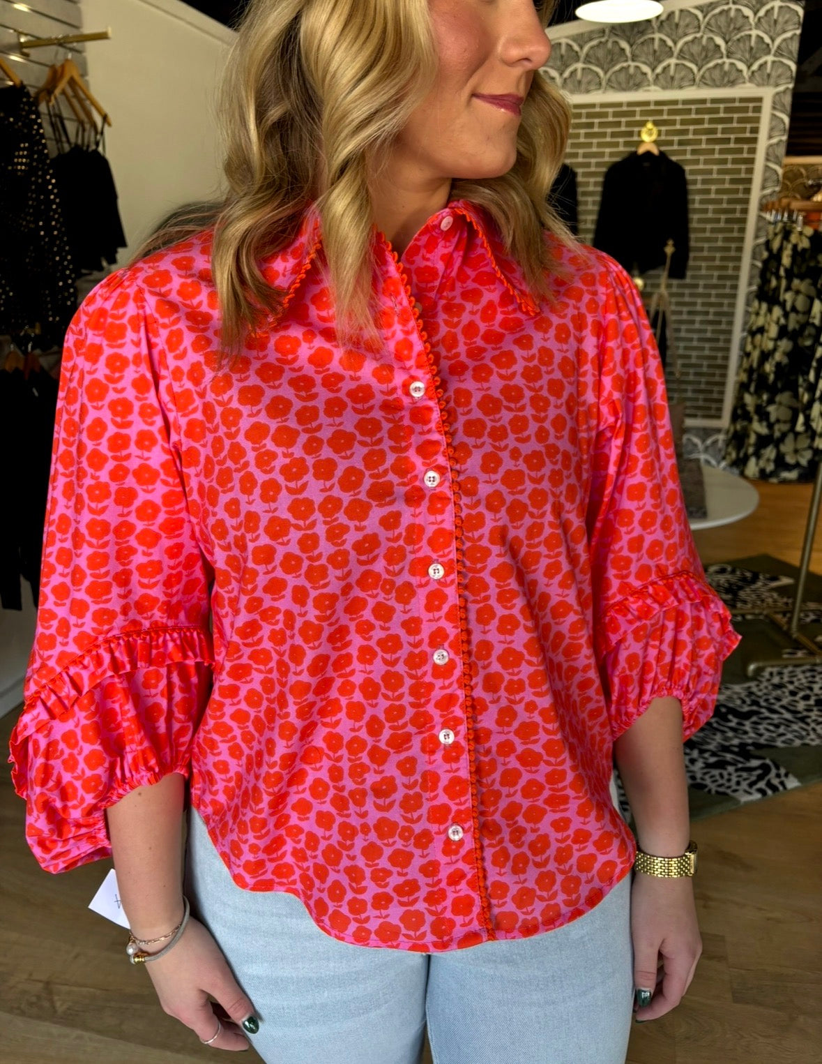 ivy jane puffy daisy top in hot pink