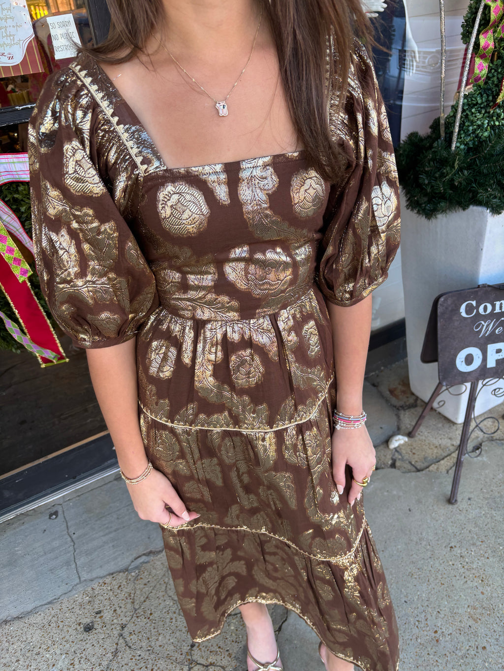 uncle frank metallic roses midi dress in brown