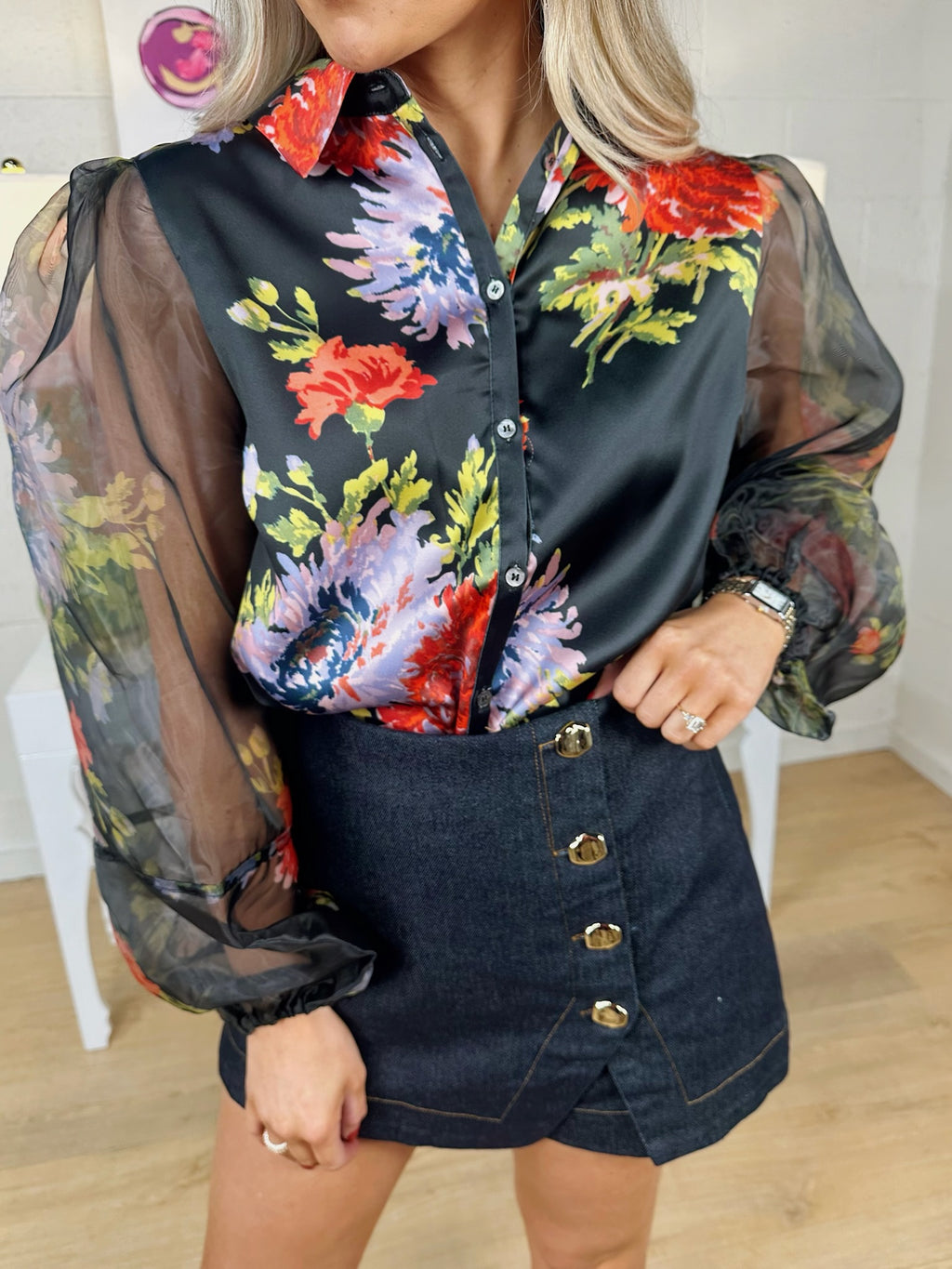 fate contrast sheer voluminous sleeve blouse in black