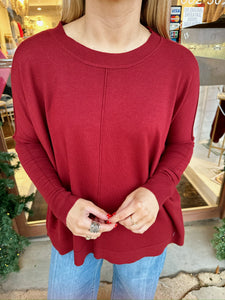 karlie novelty crew sweater in burgundy