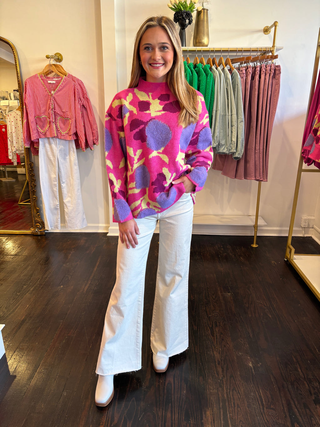 annie sweater in pink floral