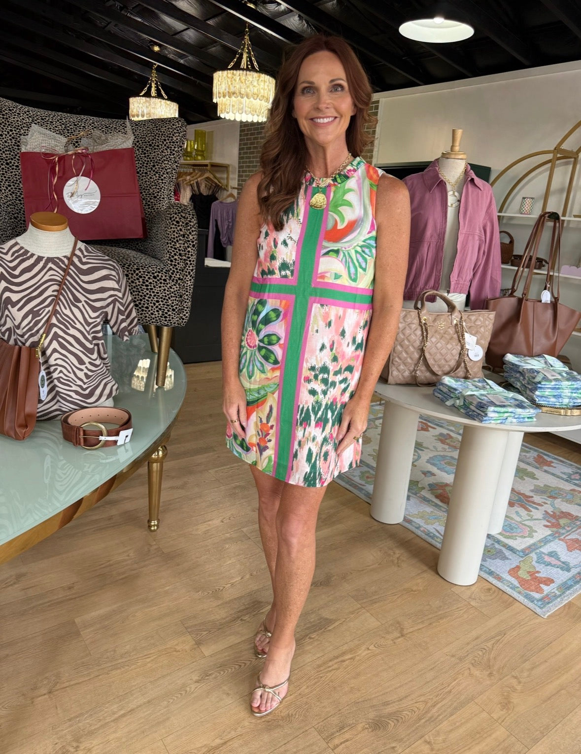 joy joy ruffles neck dress in patchwork garden