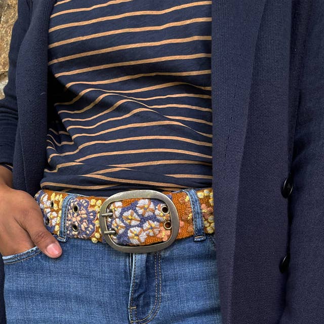 jenny kraus floral embroidered wool belt in blue skies
