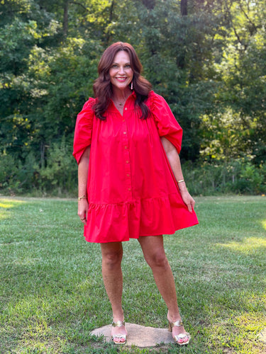 karlie solid button puff sleeves ruffle dress in red