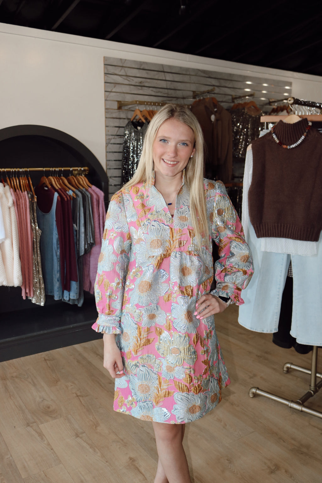 uncle frank brocade ruffled trim dress in pink