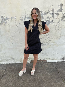 thml textured dress with ruffle sleeve in black