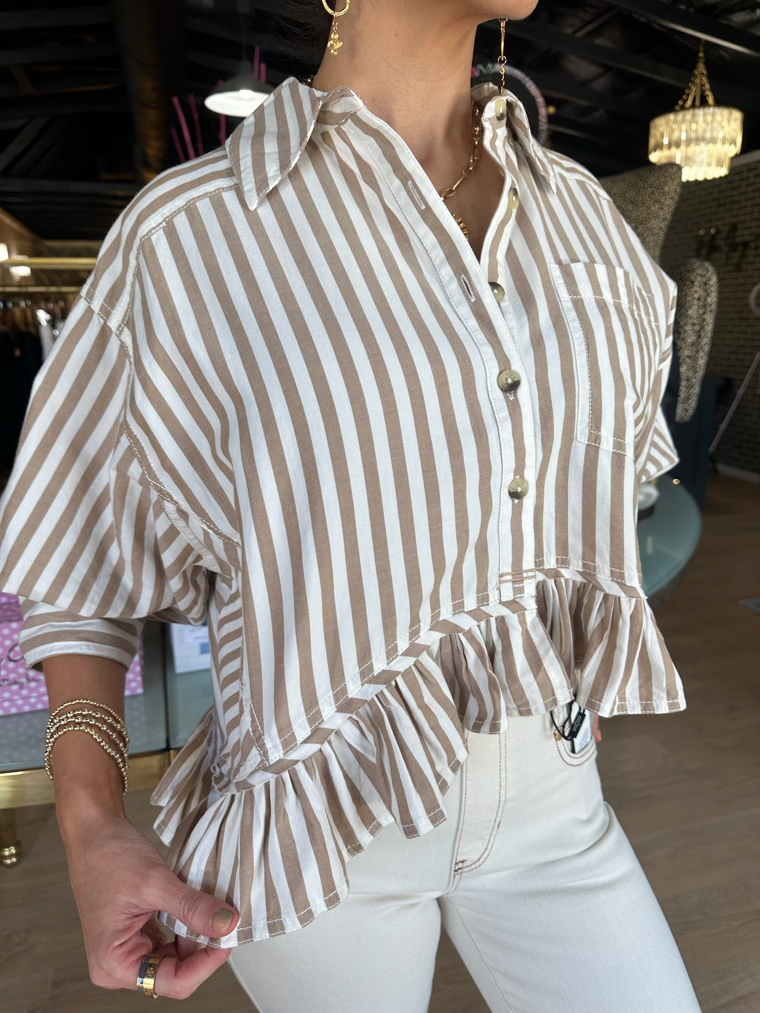 free people bailey stripe shirt in neutral combo