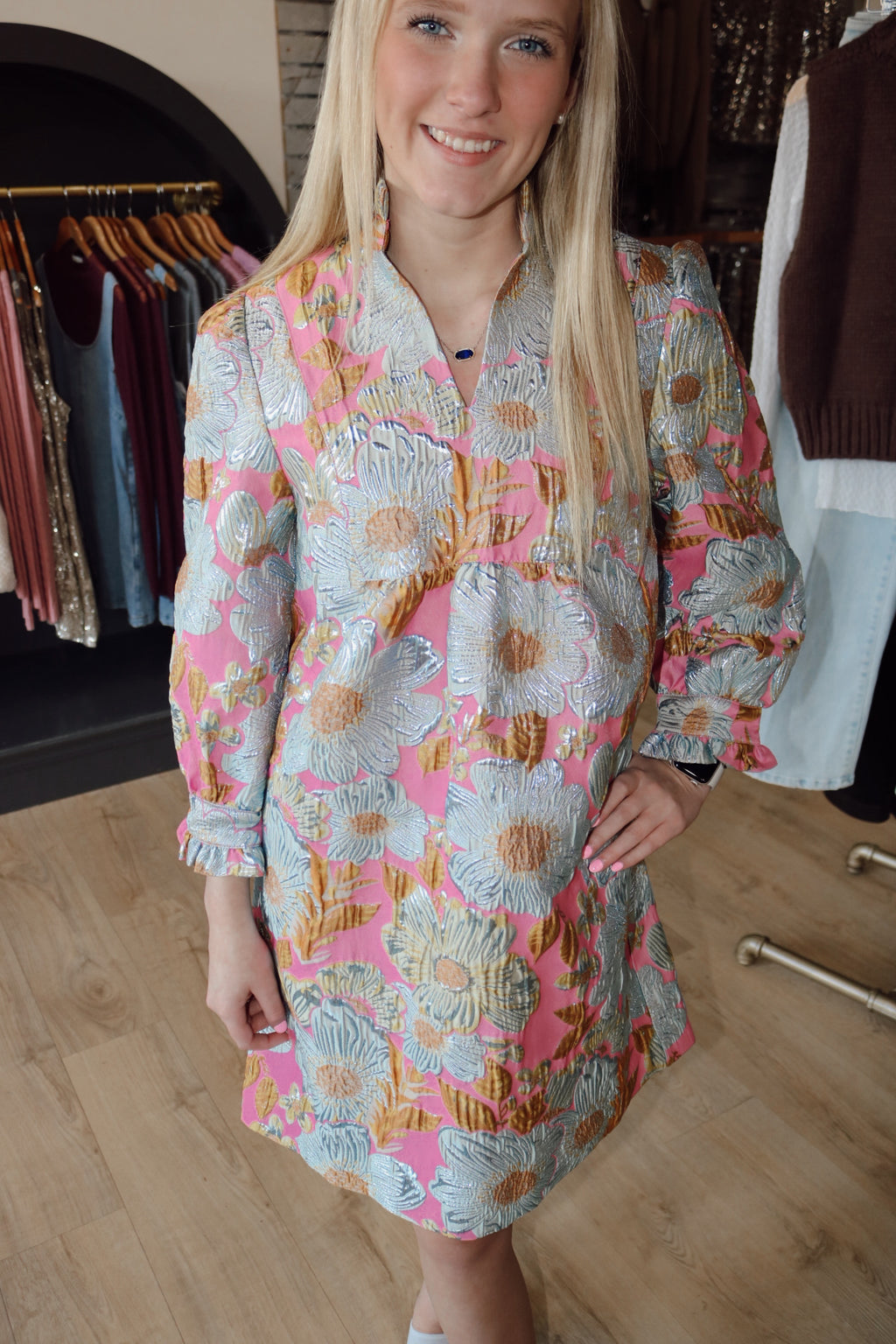 uncle frank brocade ruffled trim dress in pink