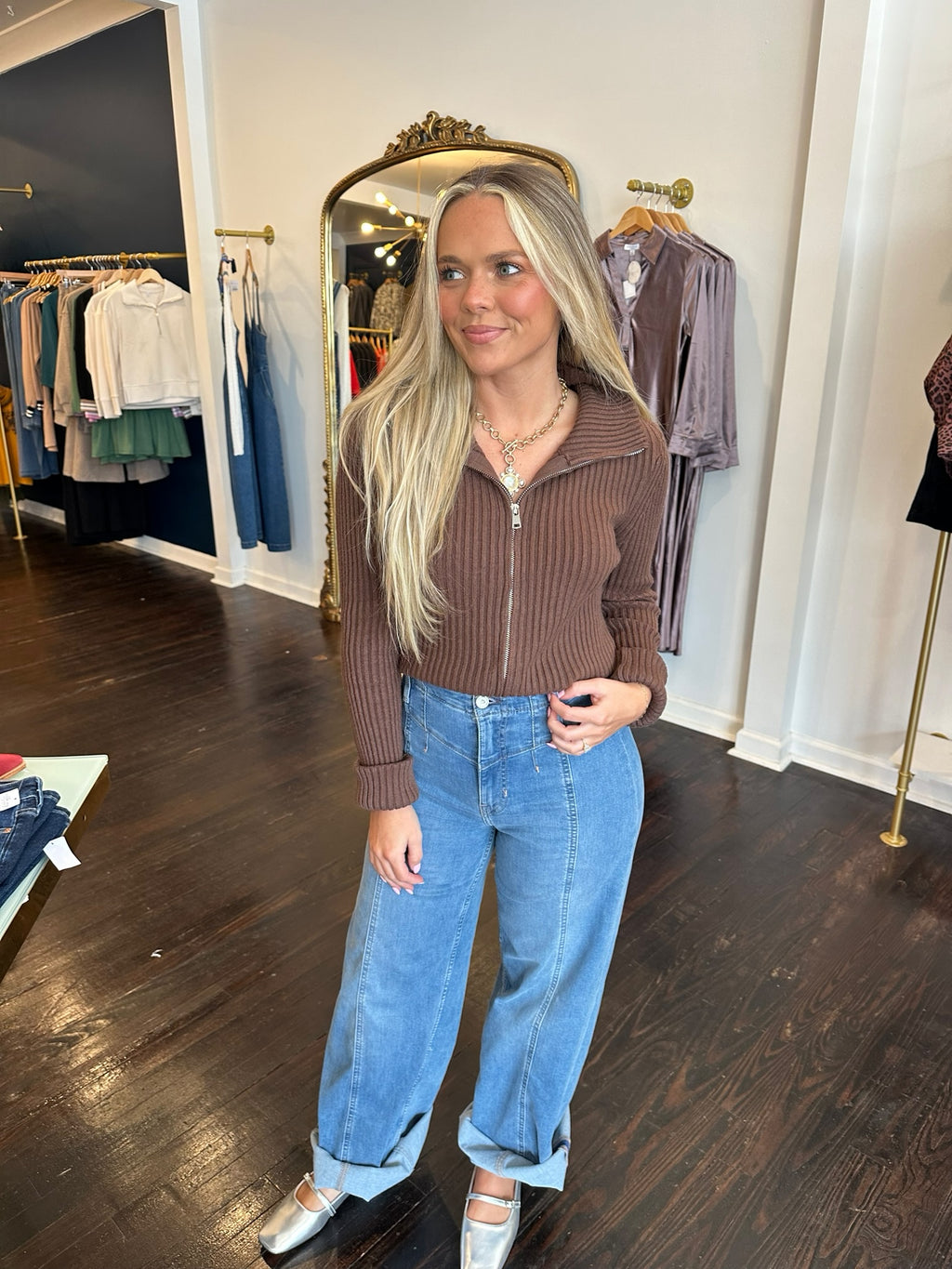 deluc matt zip up cardigan in chocolate