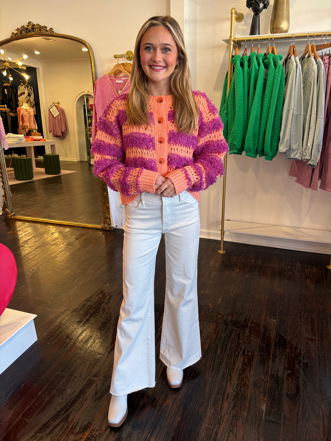 roxie stripe cardigan in tangerine and fuchsia