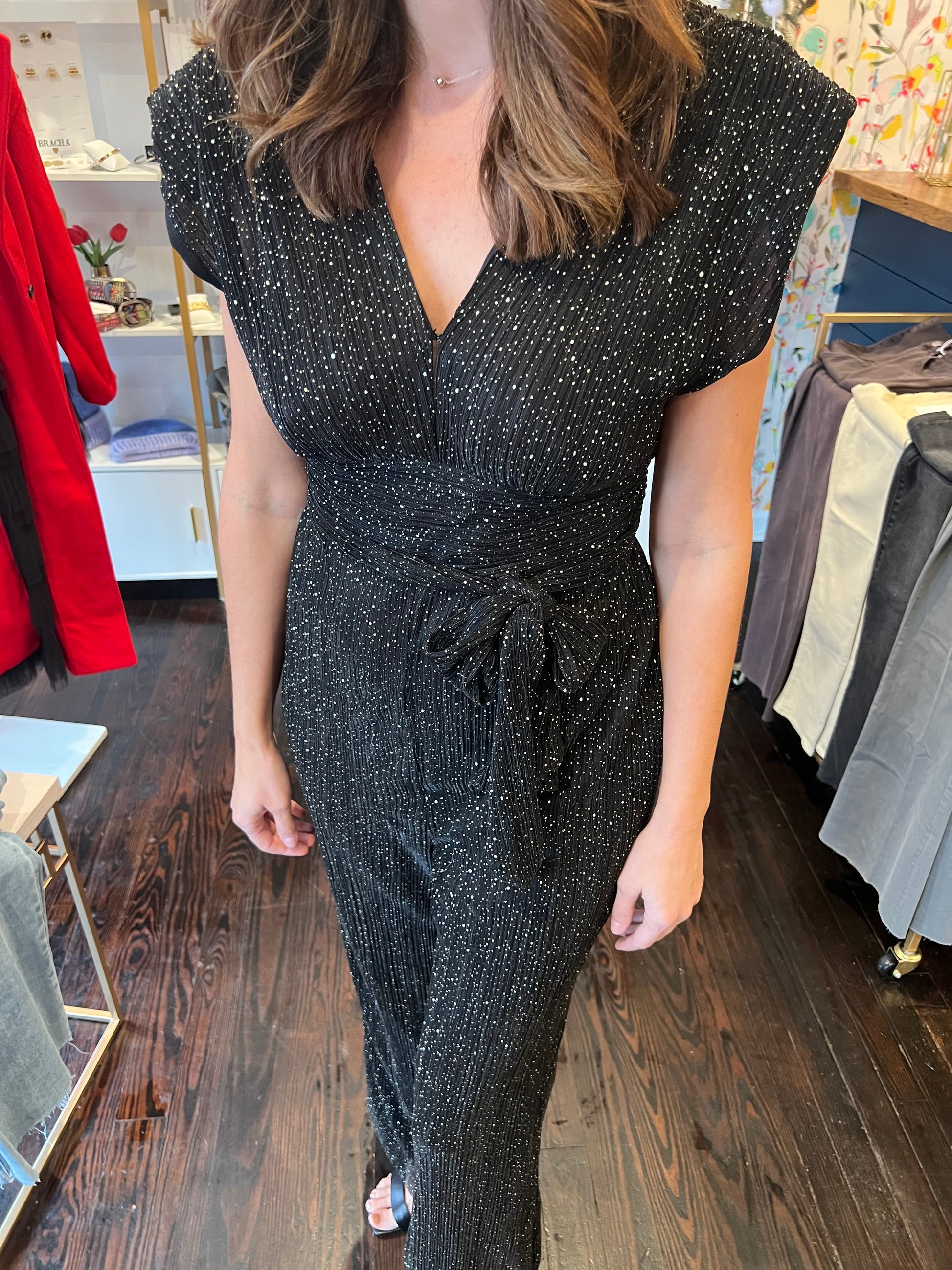 elan festive jumpsuit in black speckle