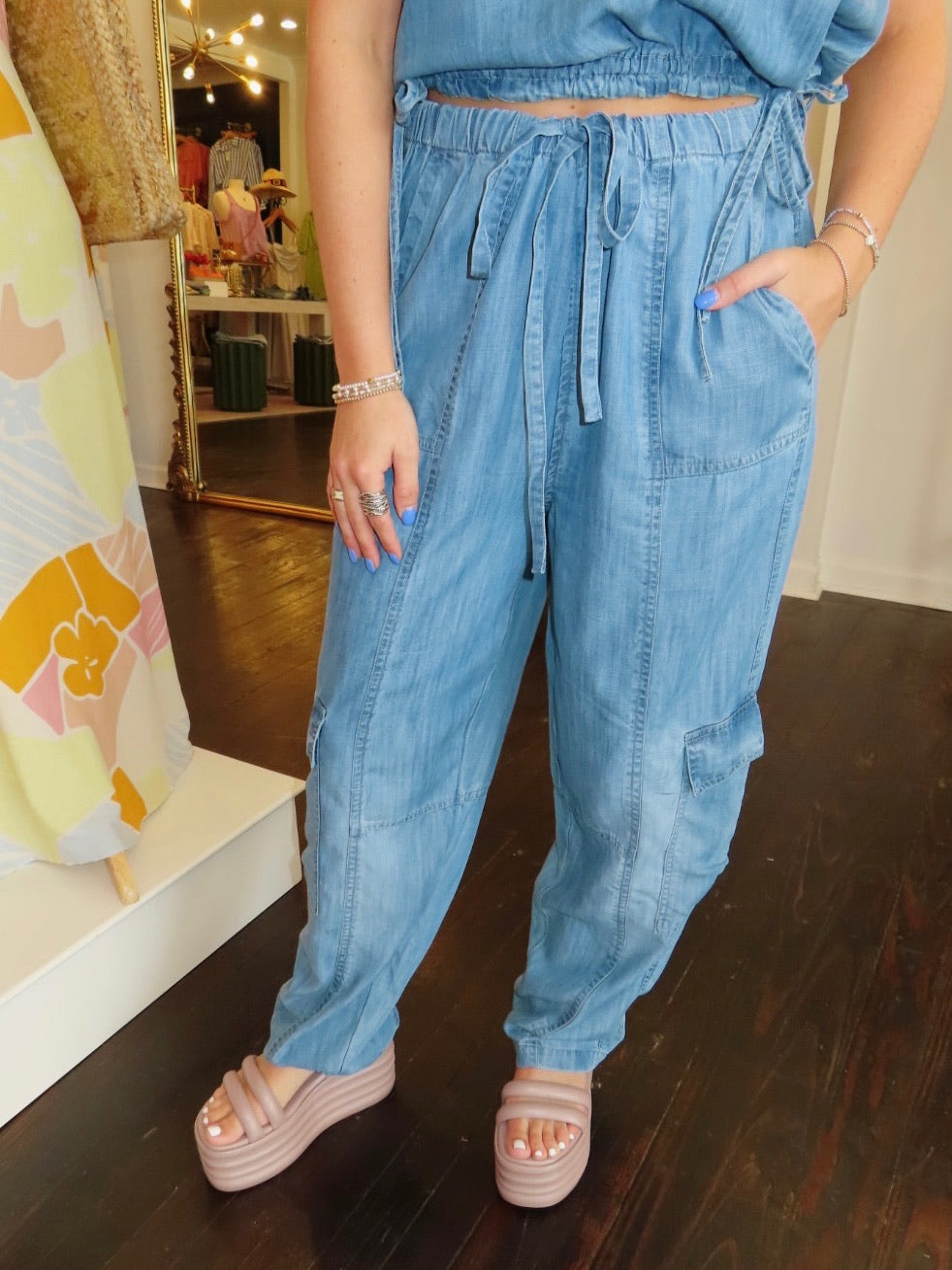 elan cargo pants in denim blue