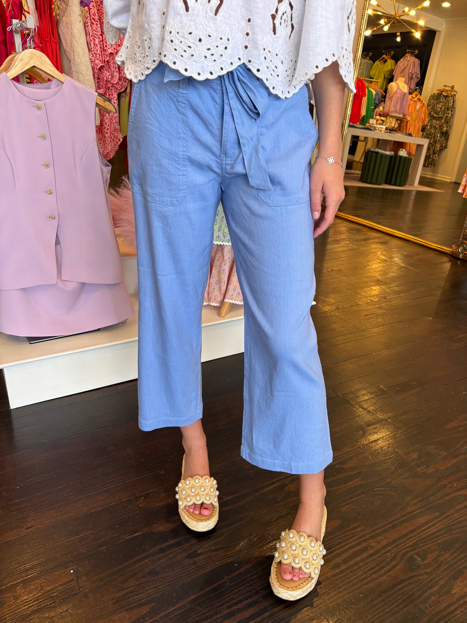 liverpool belted wide leg crop in chambray