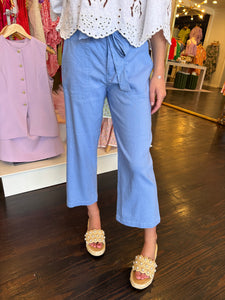 liverpool belted wide leg crop in chambray