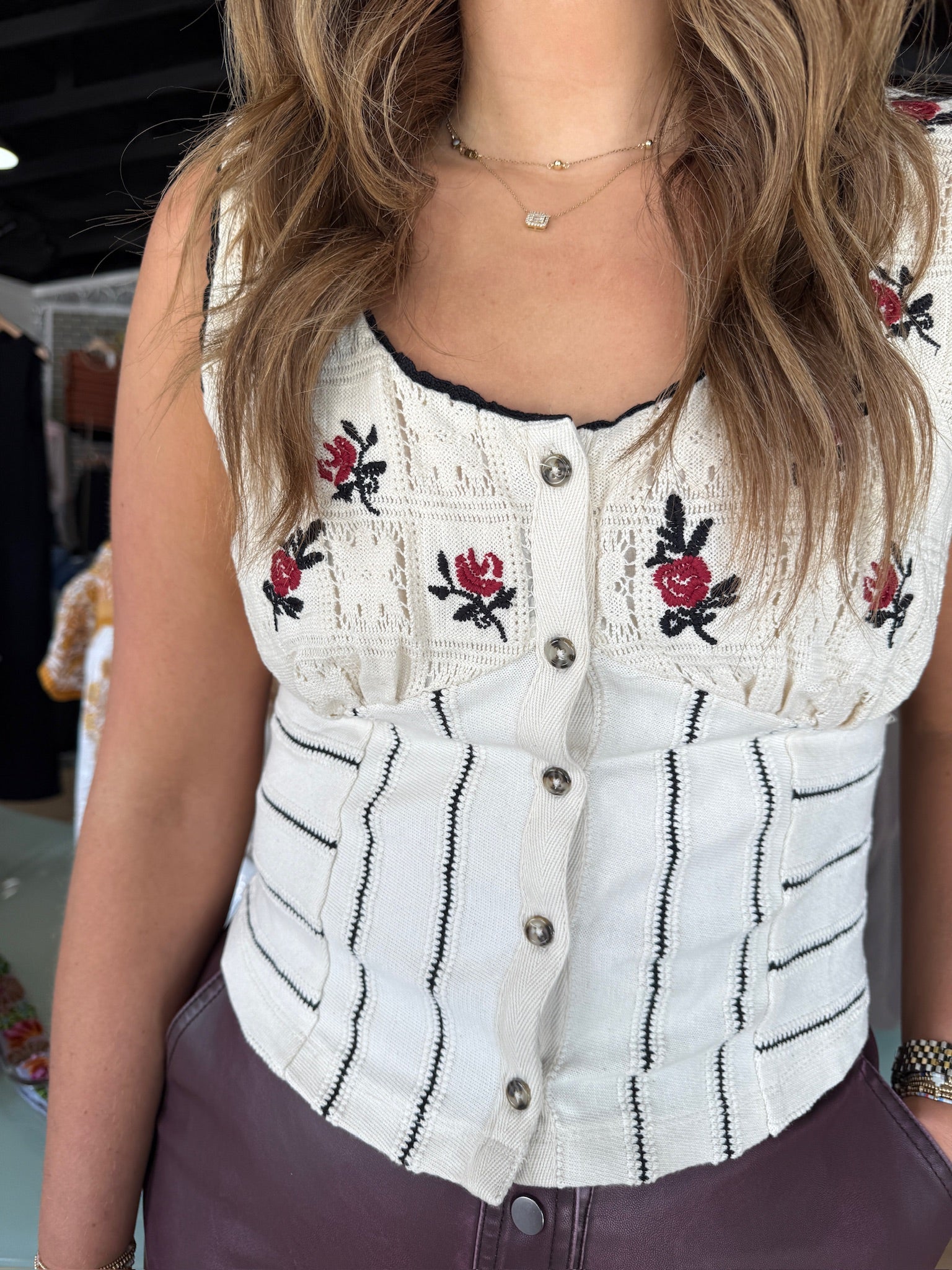 free people rose bud knit top in ivory combo