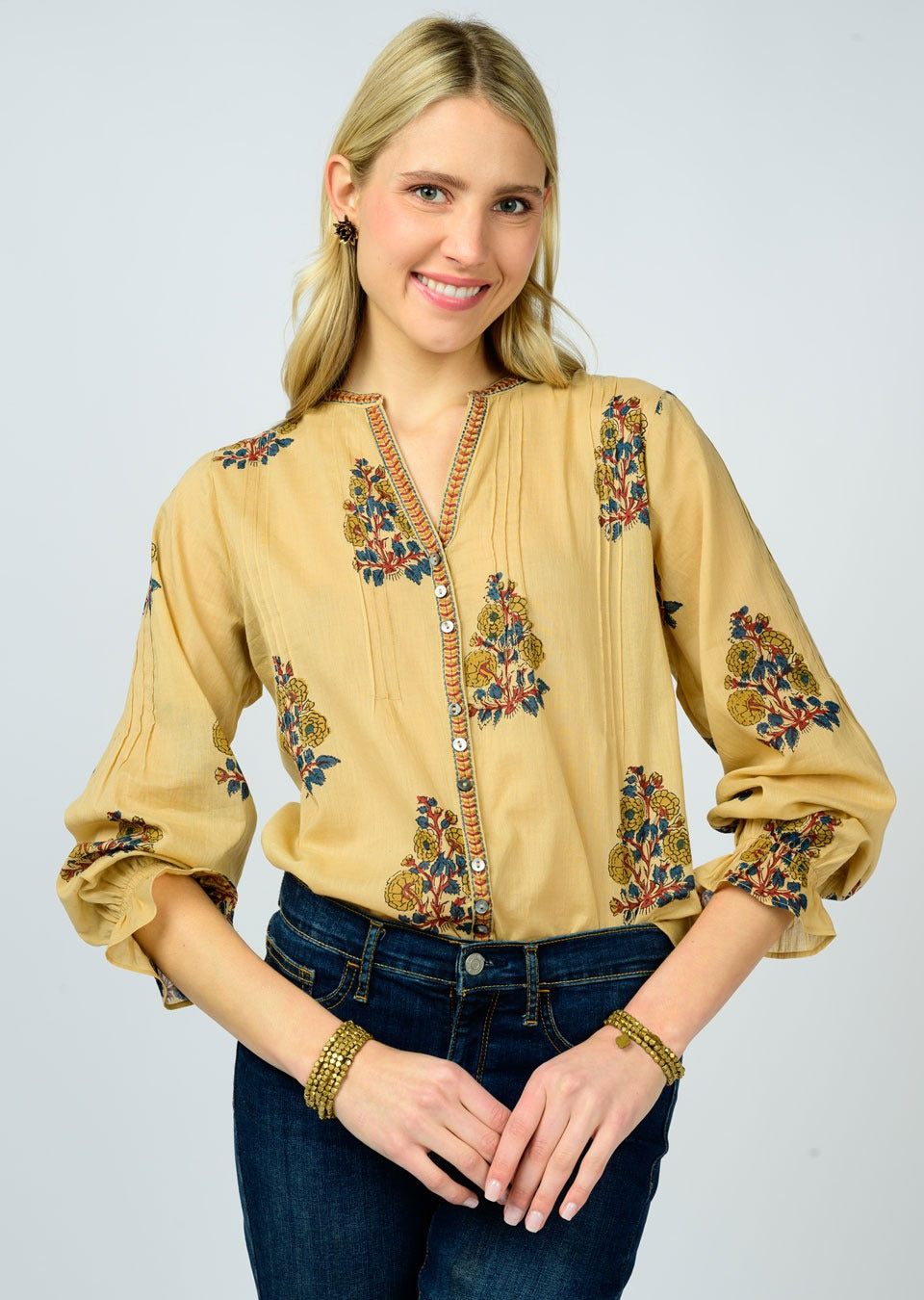 ivy jane banded front tucked top in camel