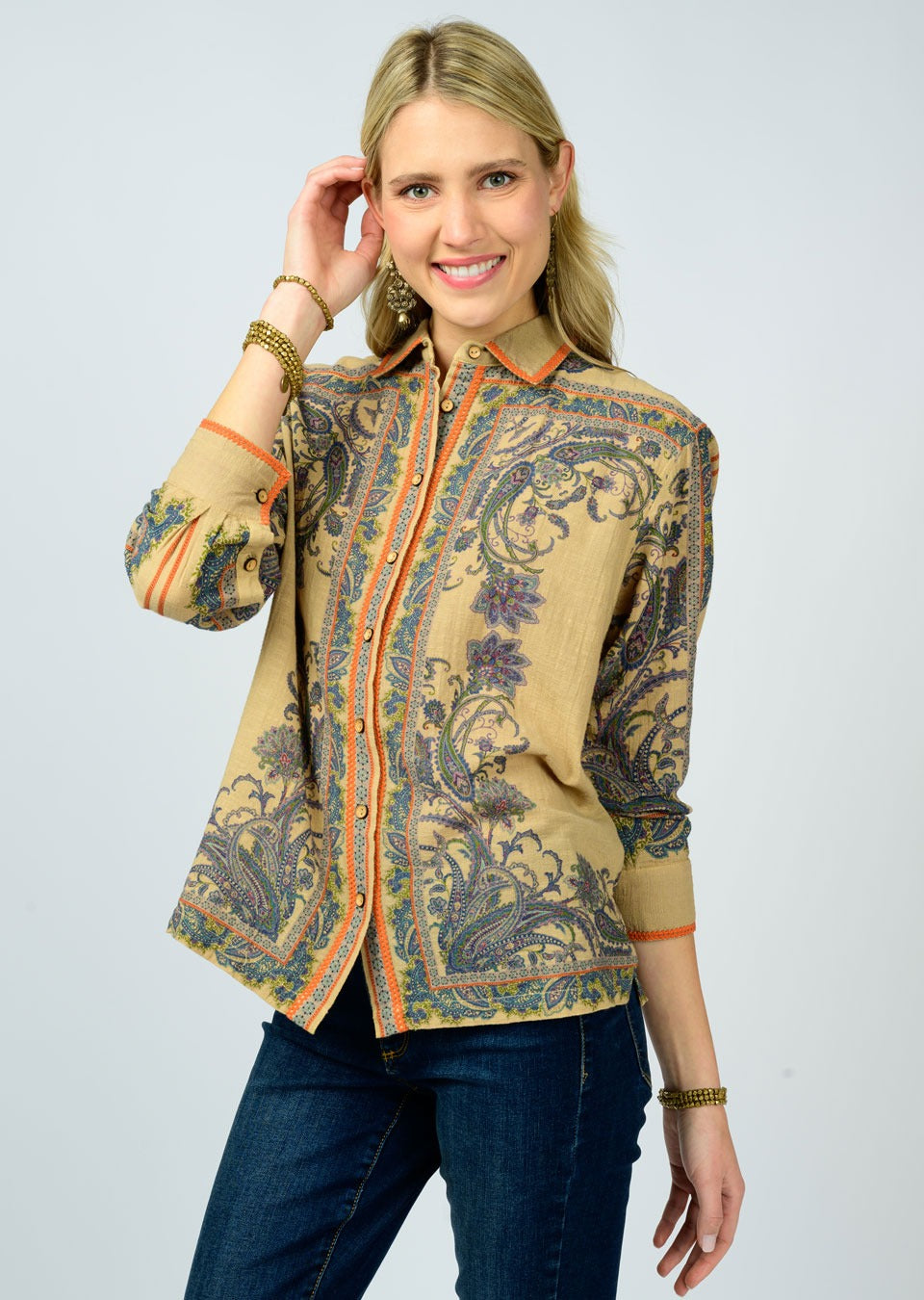 ivy jane paisley border top in camel