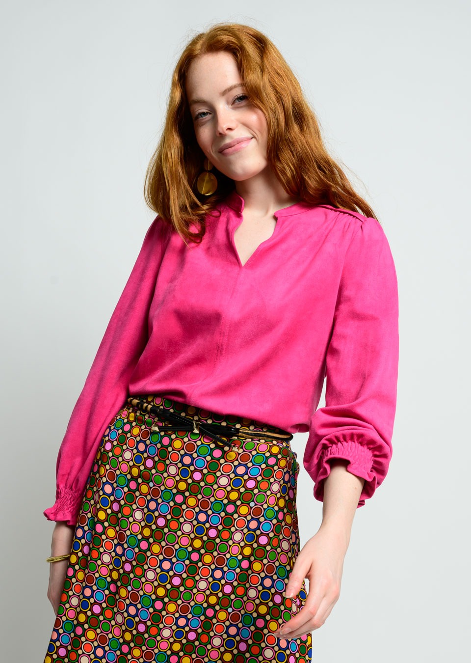 ivy jane long sleeve suede top in hot pink