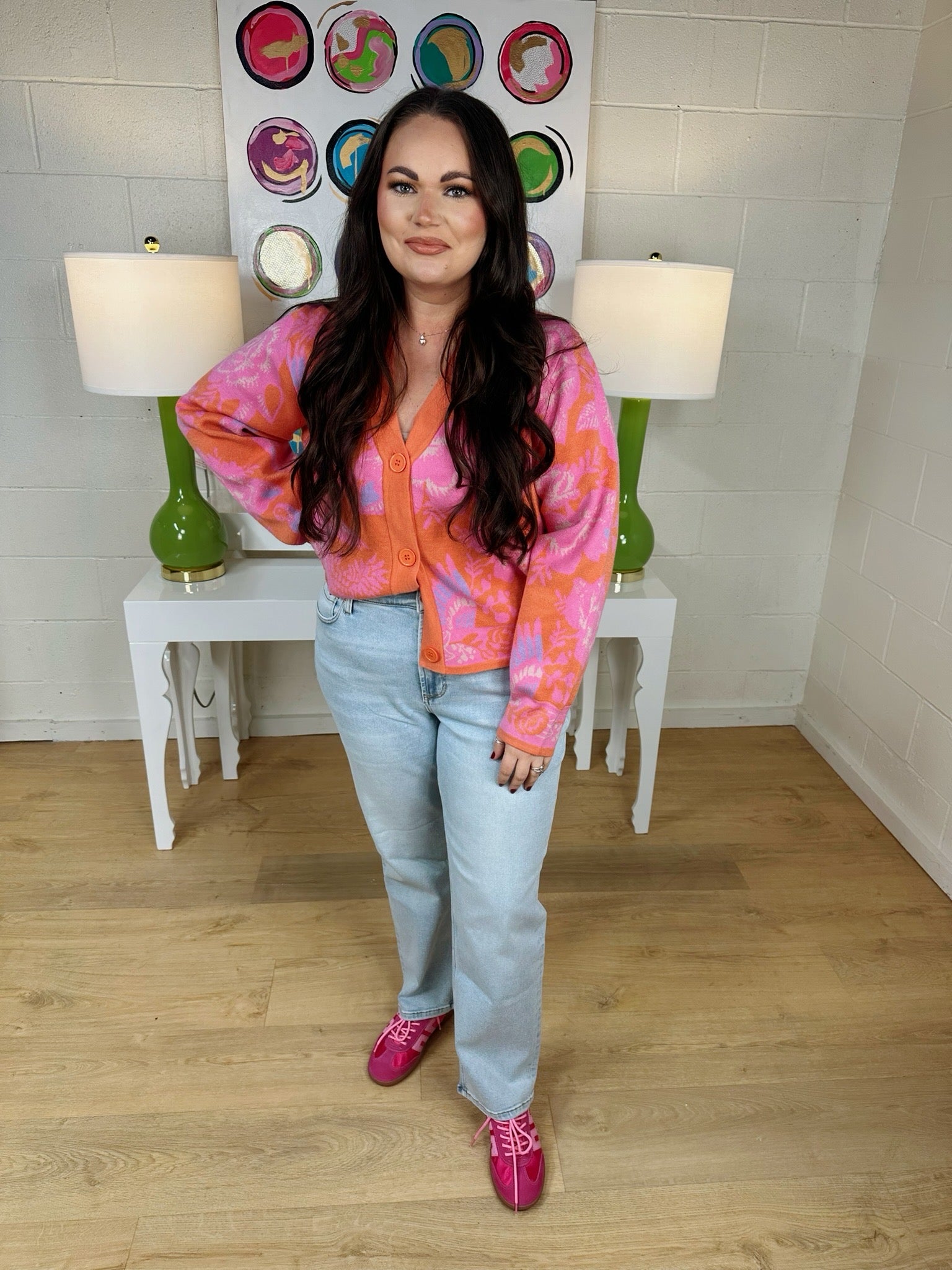 fate floral pattern button closure crop cardigan in orange multi