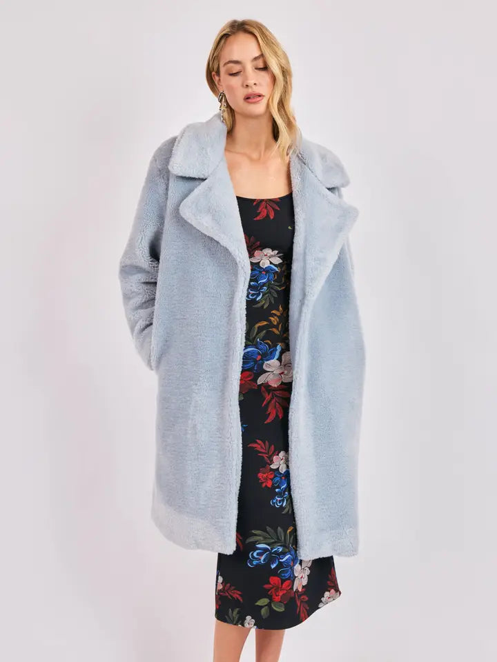 sadie&sage marquee lights faux shearling jacket in sky blue