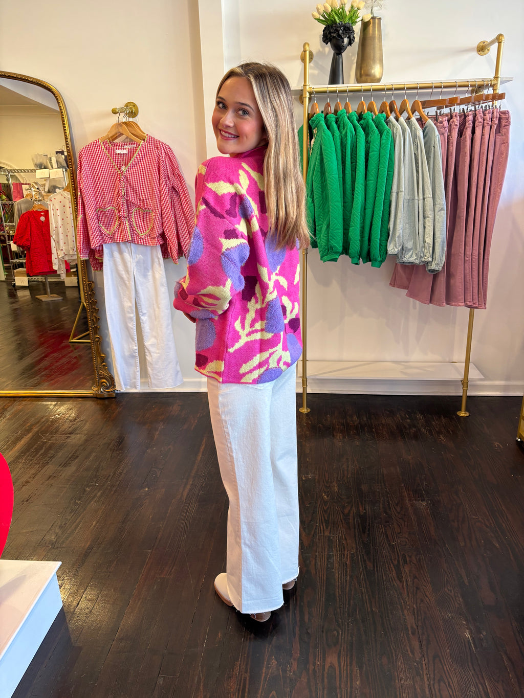 annie sweater in pink floral