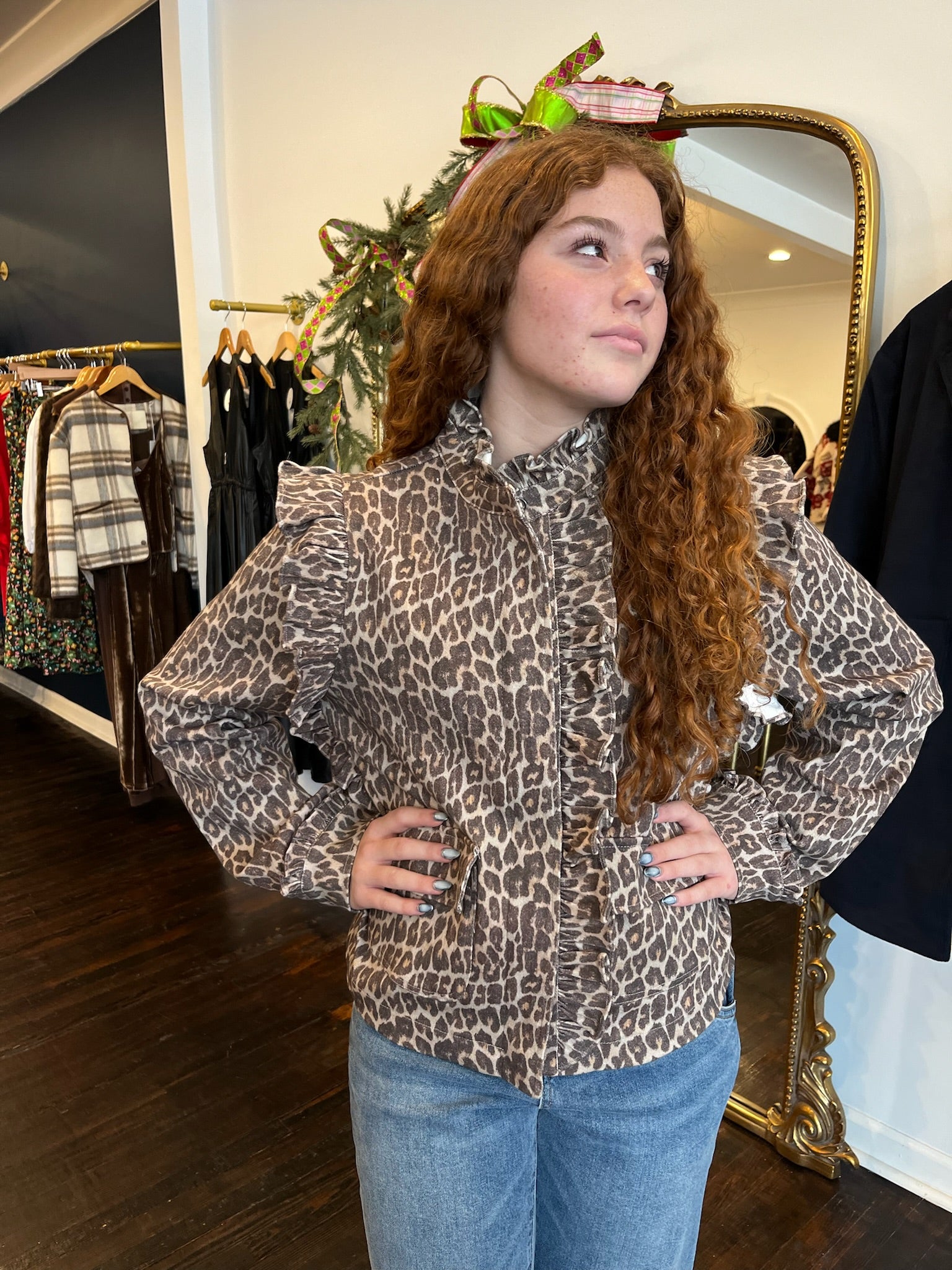 karlie leopard denim ruffle novelty jacket