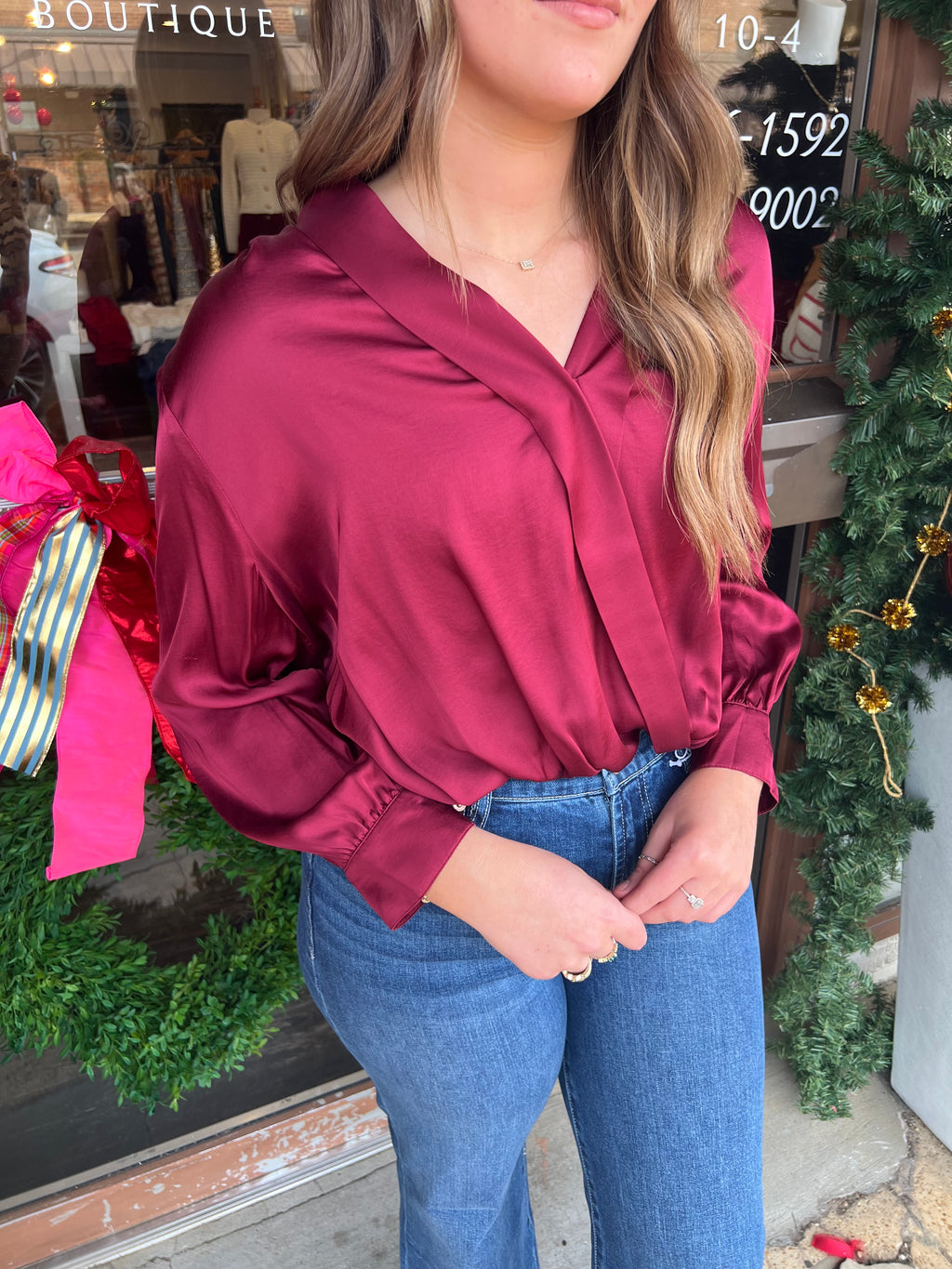liverpool shawl wrap front blouse in dark pinot noir