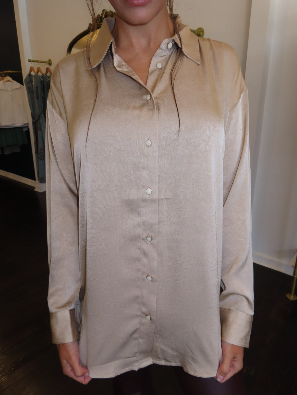 blacktape_ crinkle effect satin blouse in champange