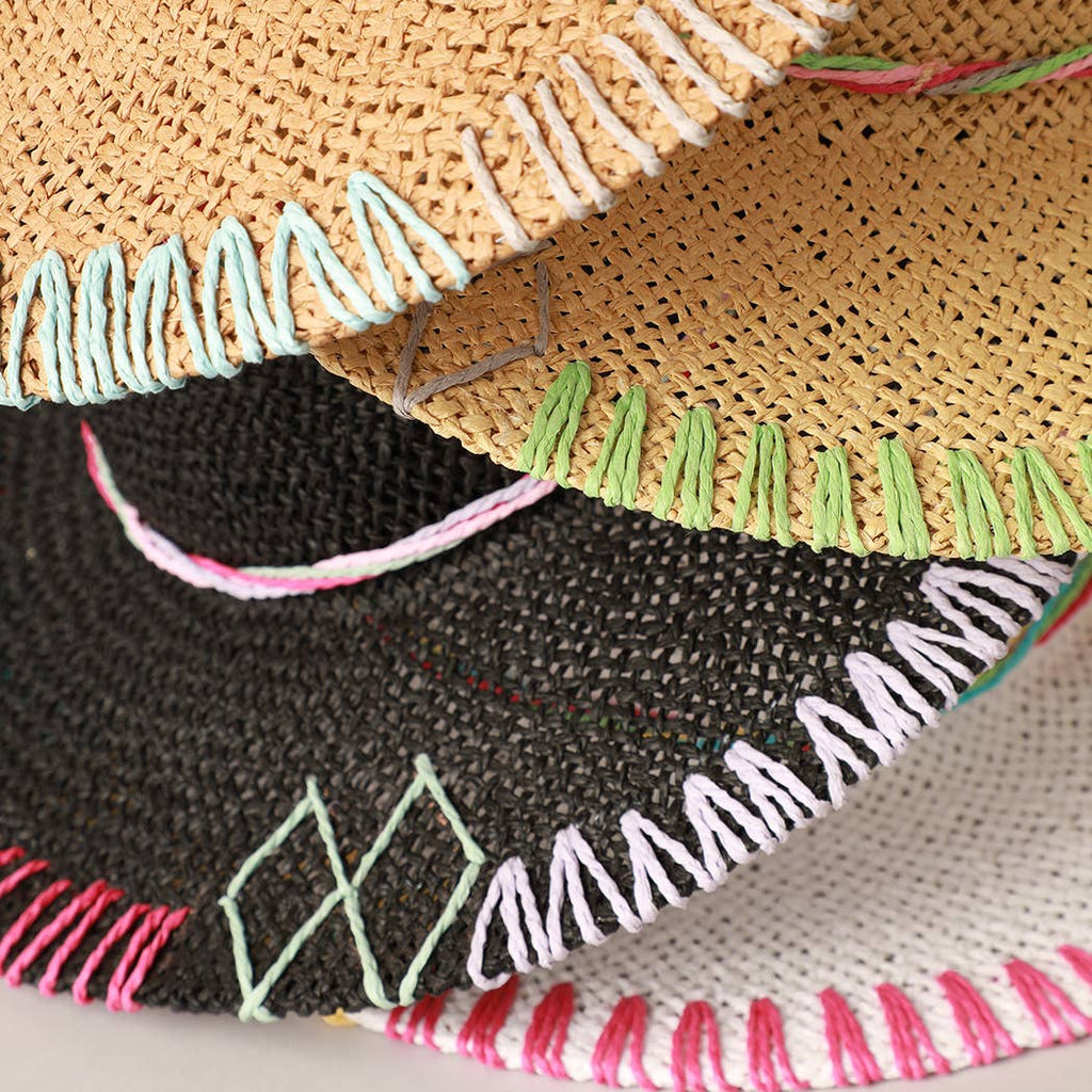 multi-colored stitched brim panama hat in black