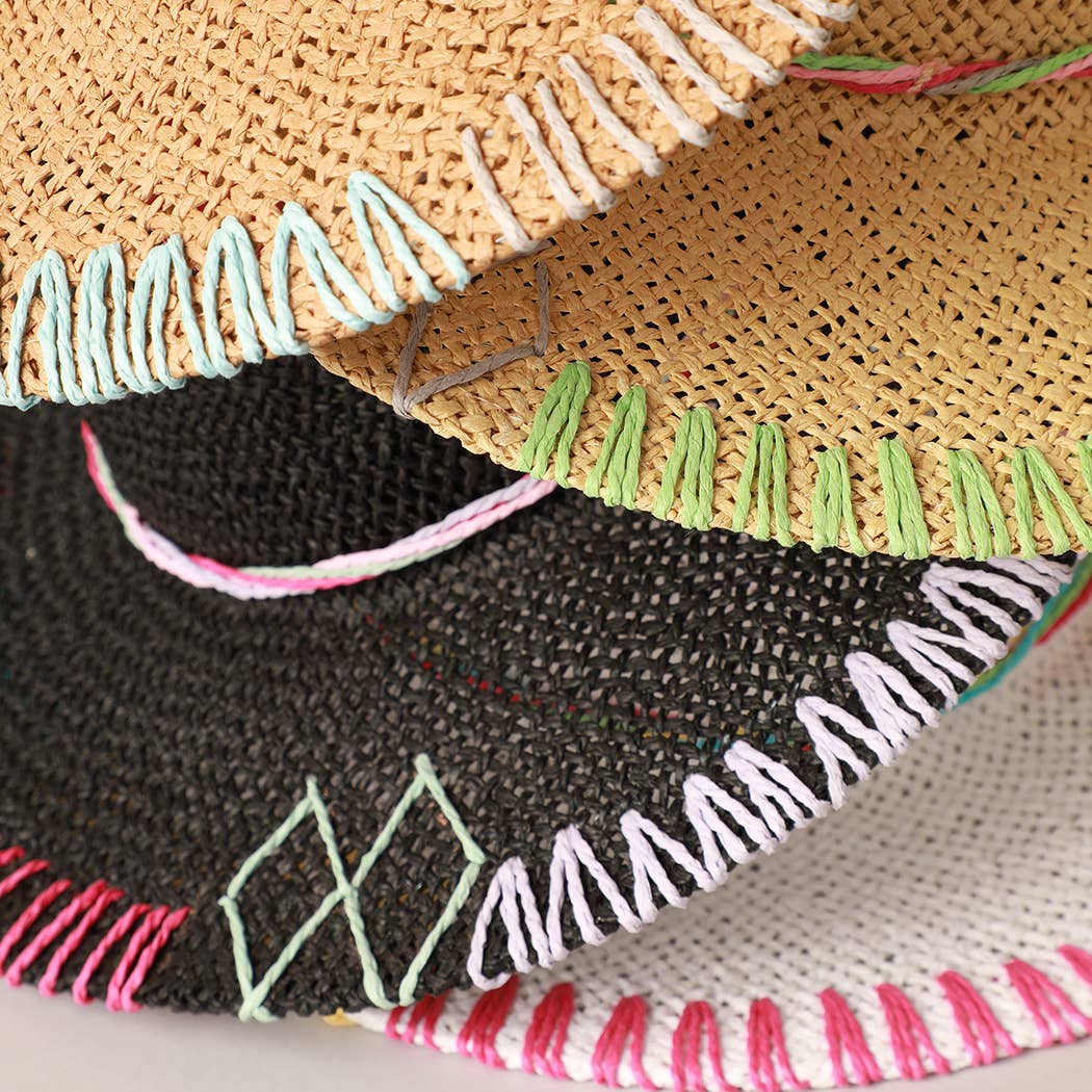 multi-colored stitched brim panama hat in black