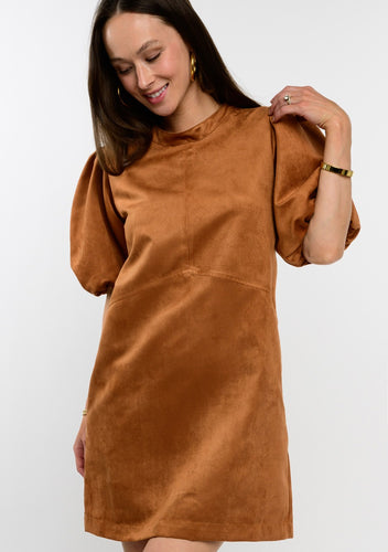 uncle frank pouf sleeve suede dress in camel