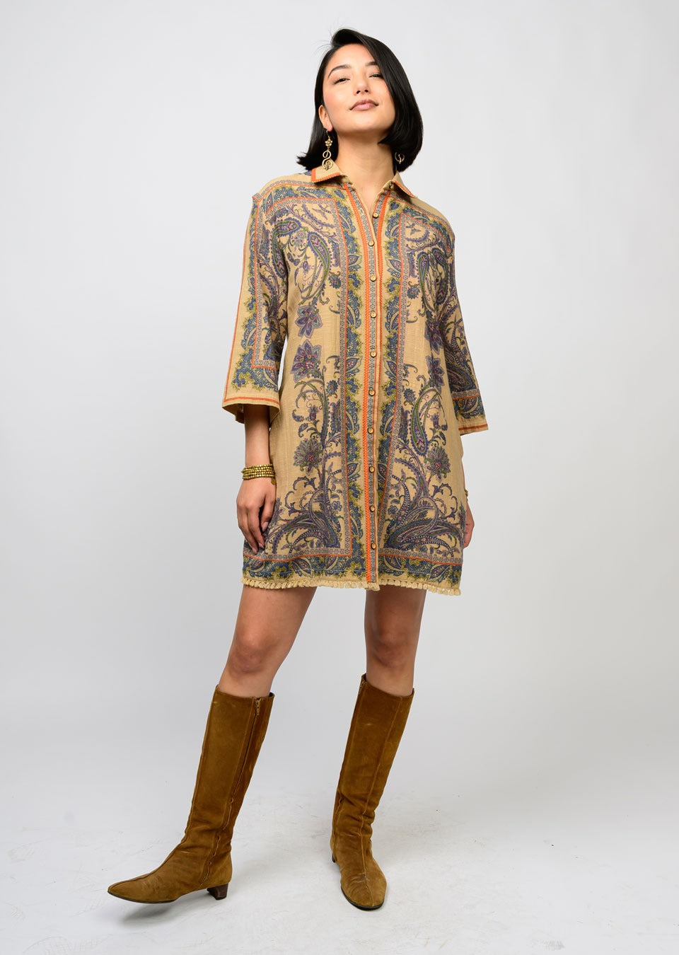uncle frank paisley border shirtdress in camel combo