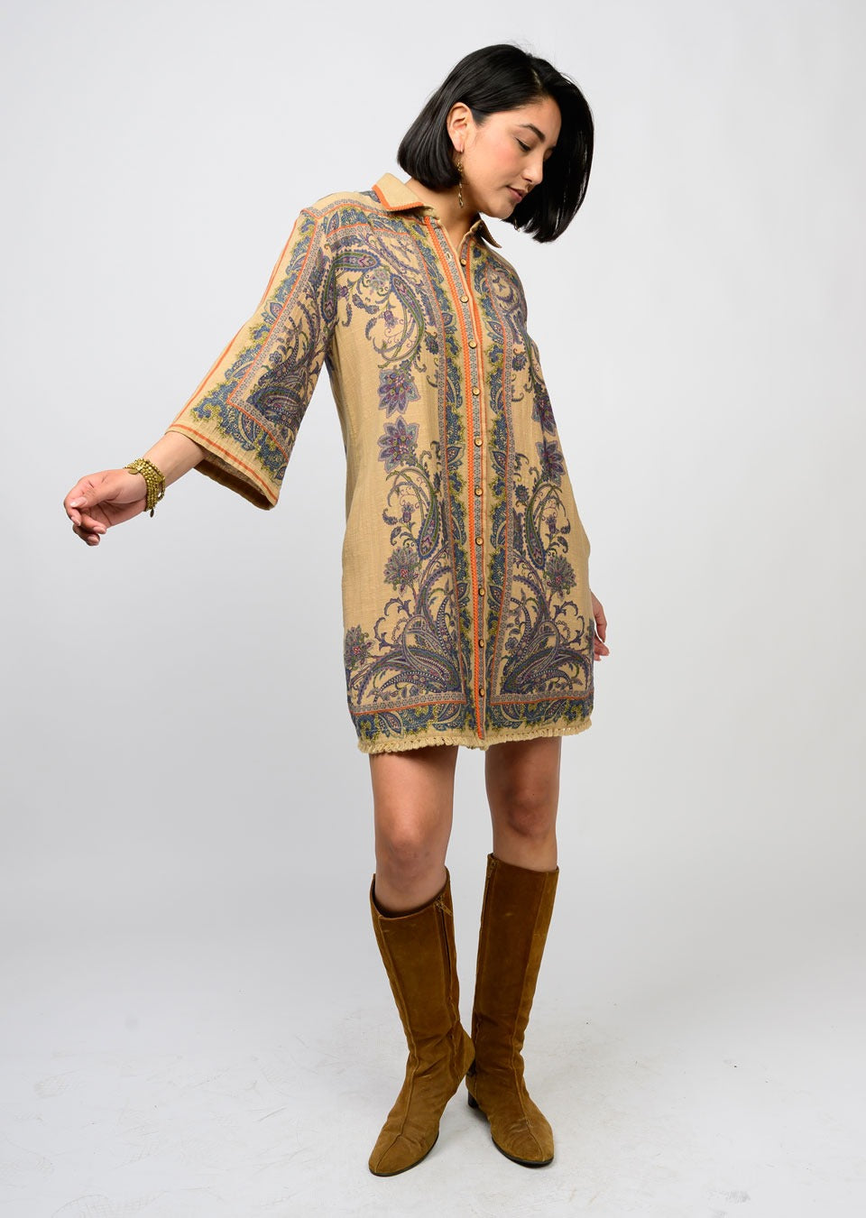 uncle frank paisley border shirtdress in camel combo
