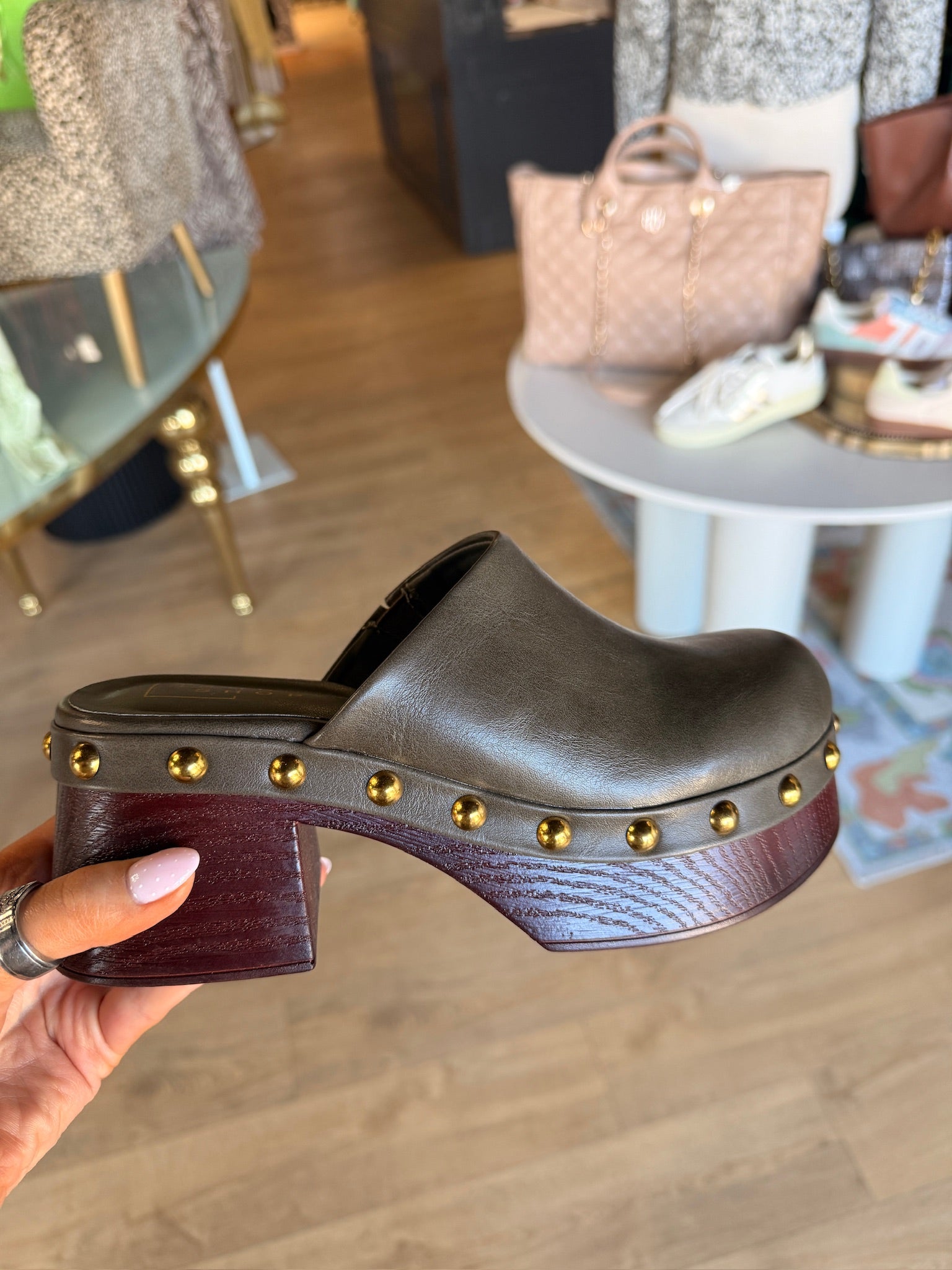 shu shop lily clog in olive green