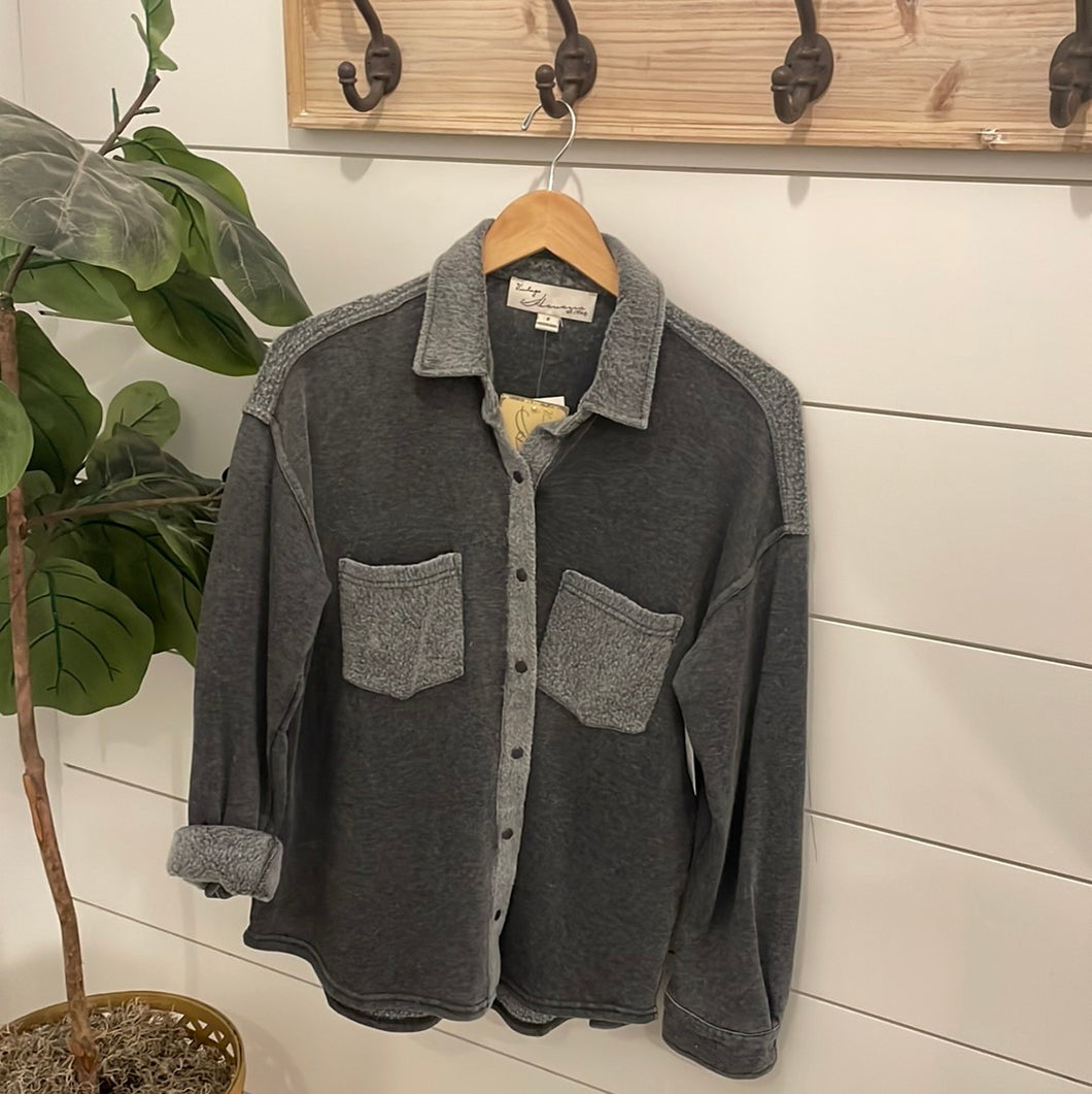 vintage havana cashmere fleece button up in washed charcoal