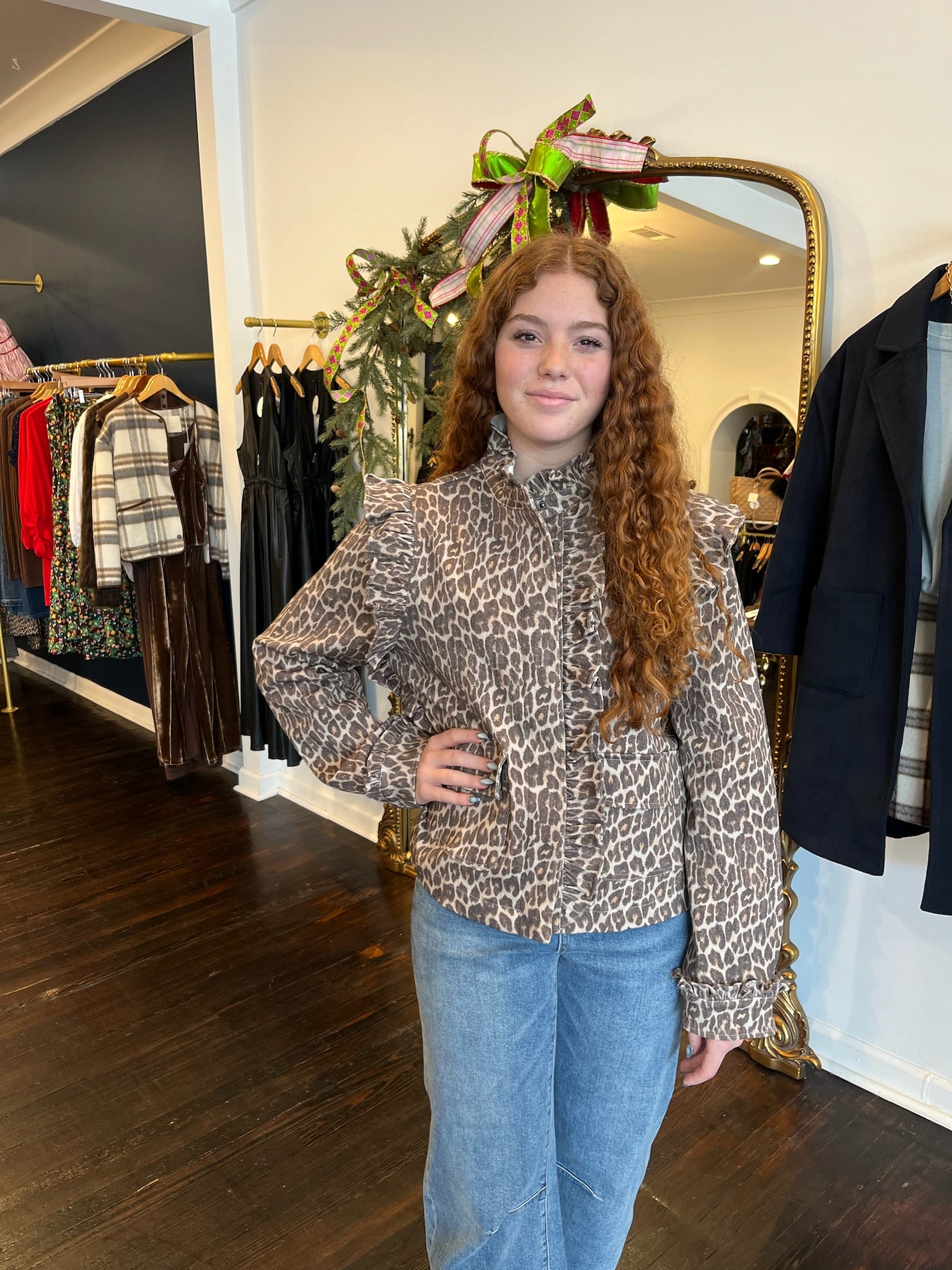 karlie leopard denim ruffle novelty jacket