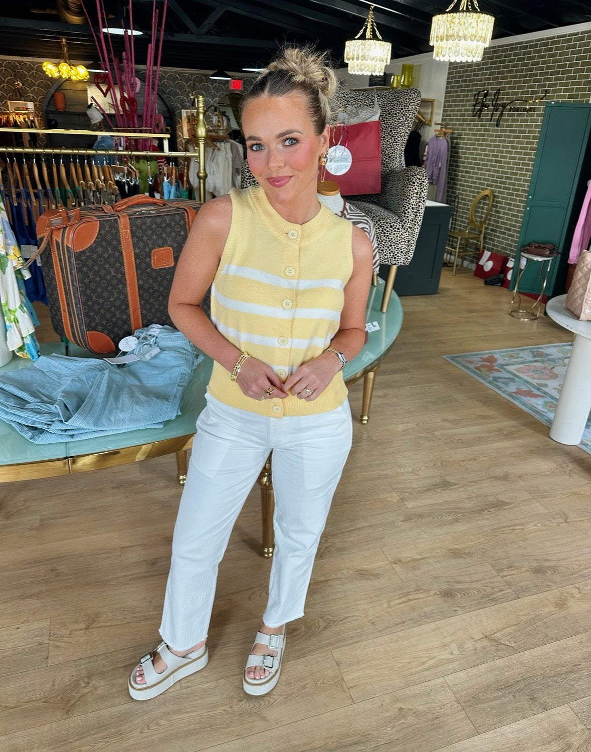 deluc mykonos knit vest in buecs butter with ecru stripes
