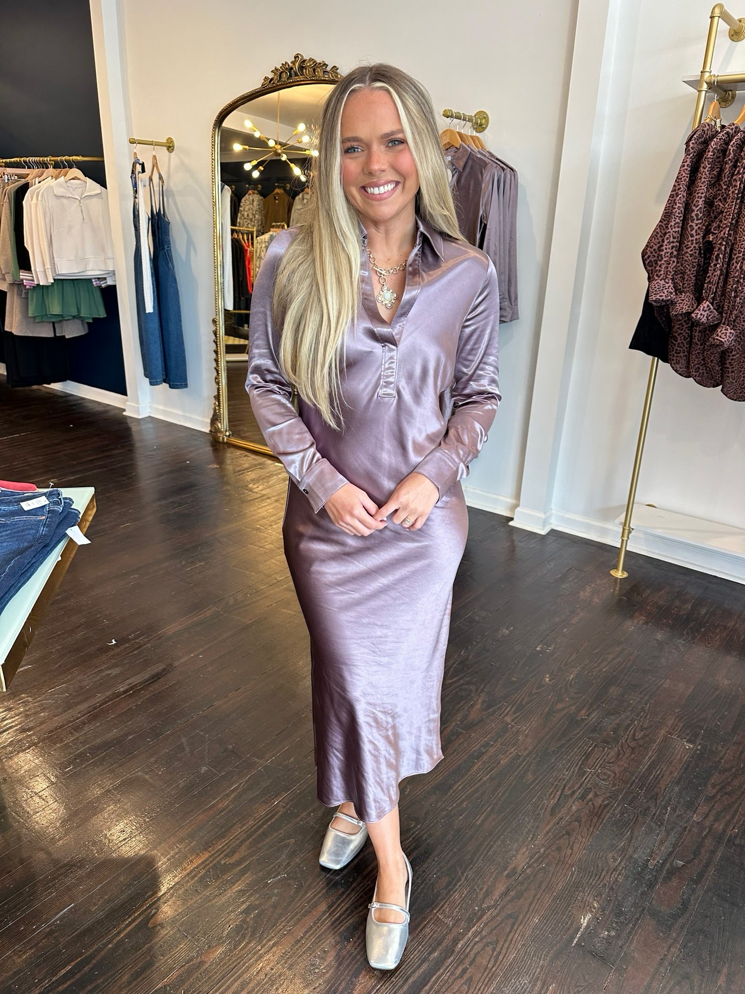 current air silky bias midi dress  in mauve brown