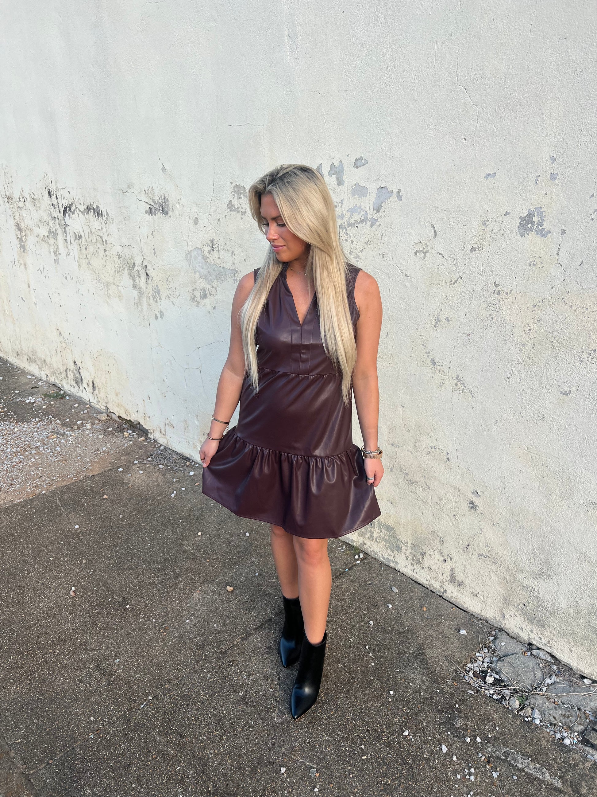 dear john helena sleeveless vegan leather dress in mahogany wood