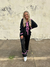 Load image into Gallery viewer, peach love solid satin tie front ruffle pajama set in black