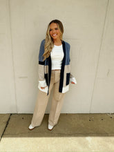 Load image into Gallery viewer, liverpool open front colorblock sweater in lapis oatmeal