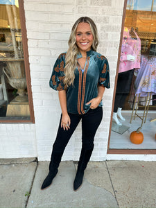 thml velvet puff embroidered sleeve top in teal