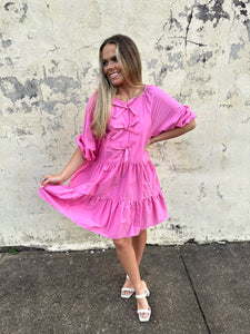 karlie solid bow poplin dress in pink