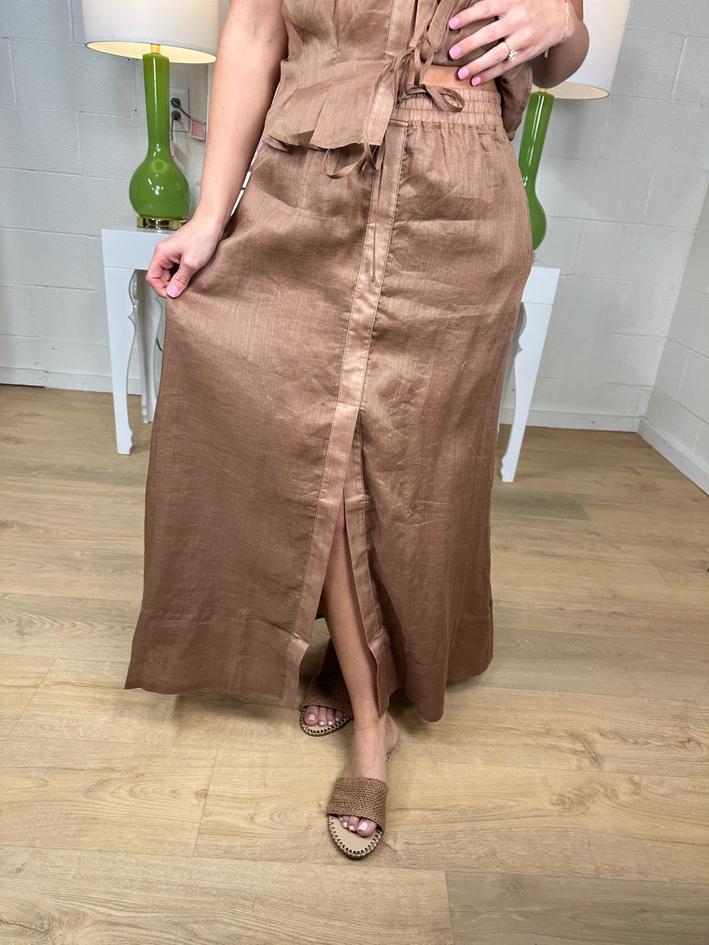 elan maxi skirt with slit in caramel