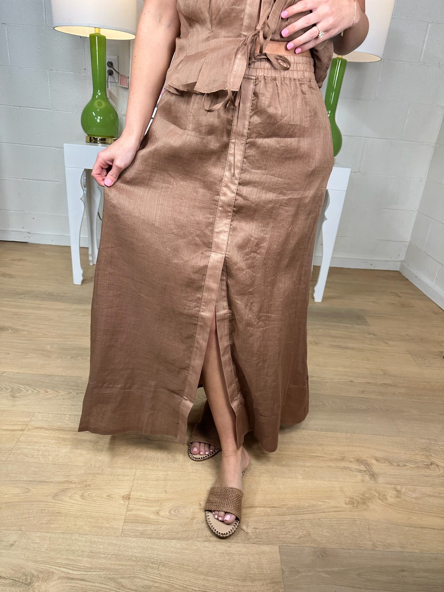 elan maxi skirt with slit in caramel