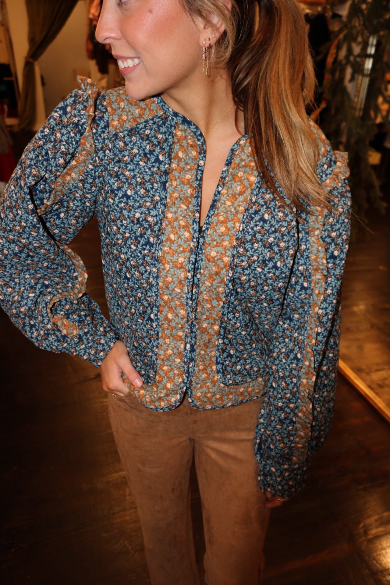 karlie floral vintage cord novelty jacket in navy