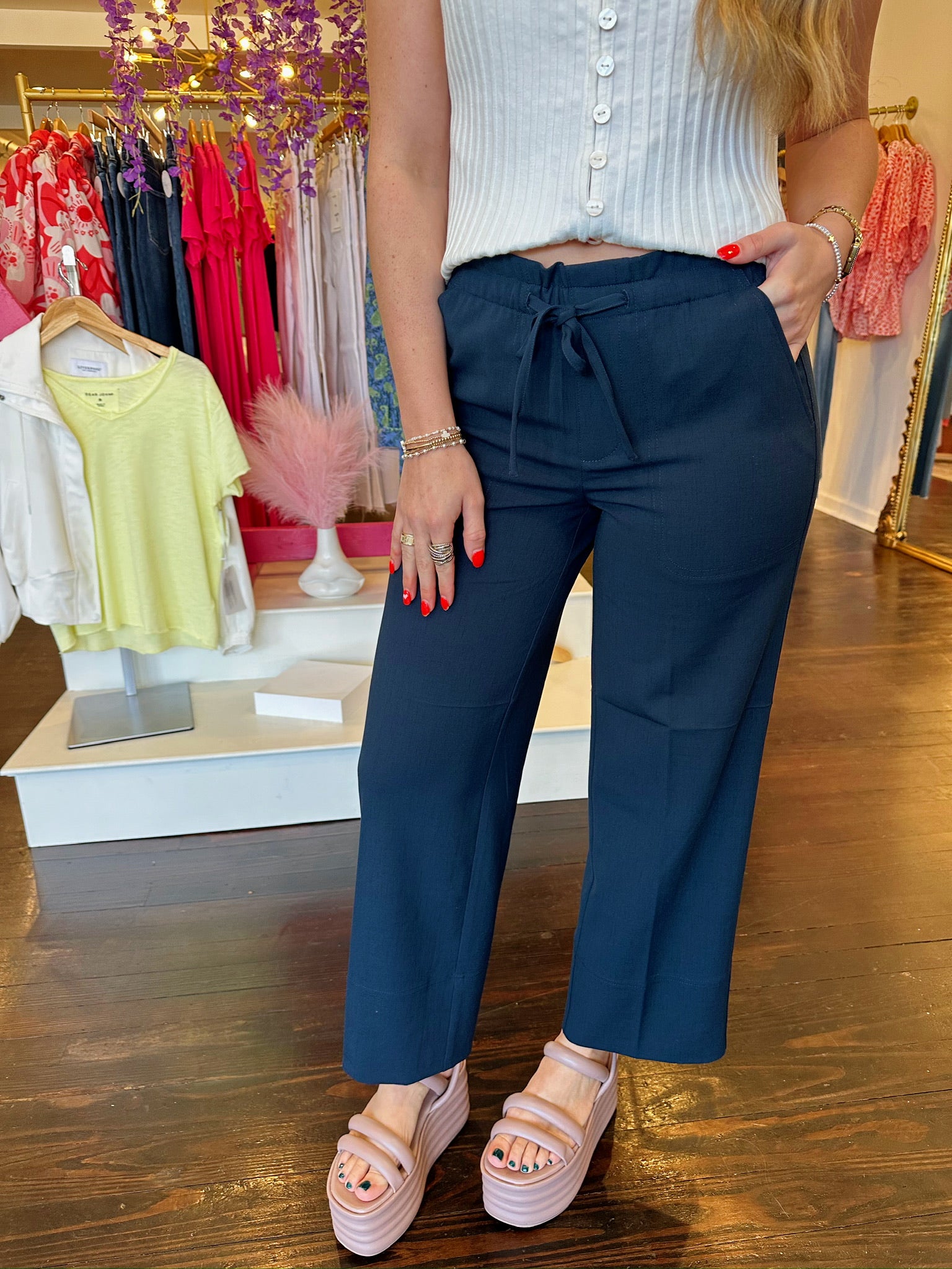 liverpool tie waist pull-on pants in dark navy
