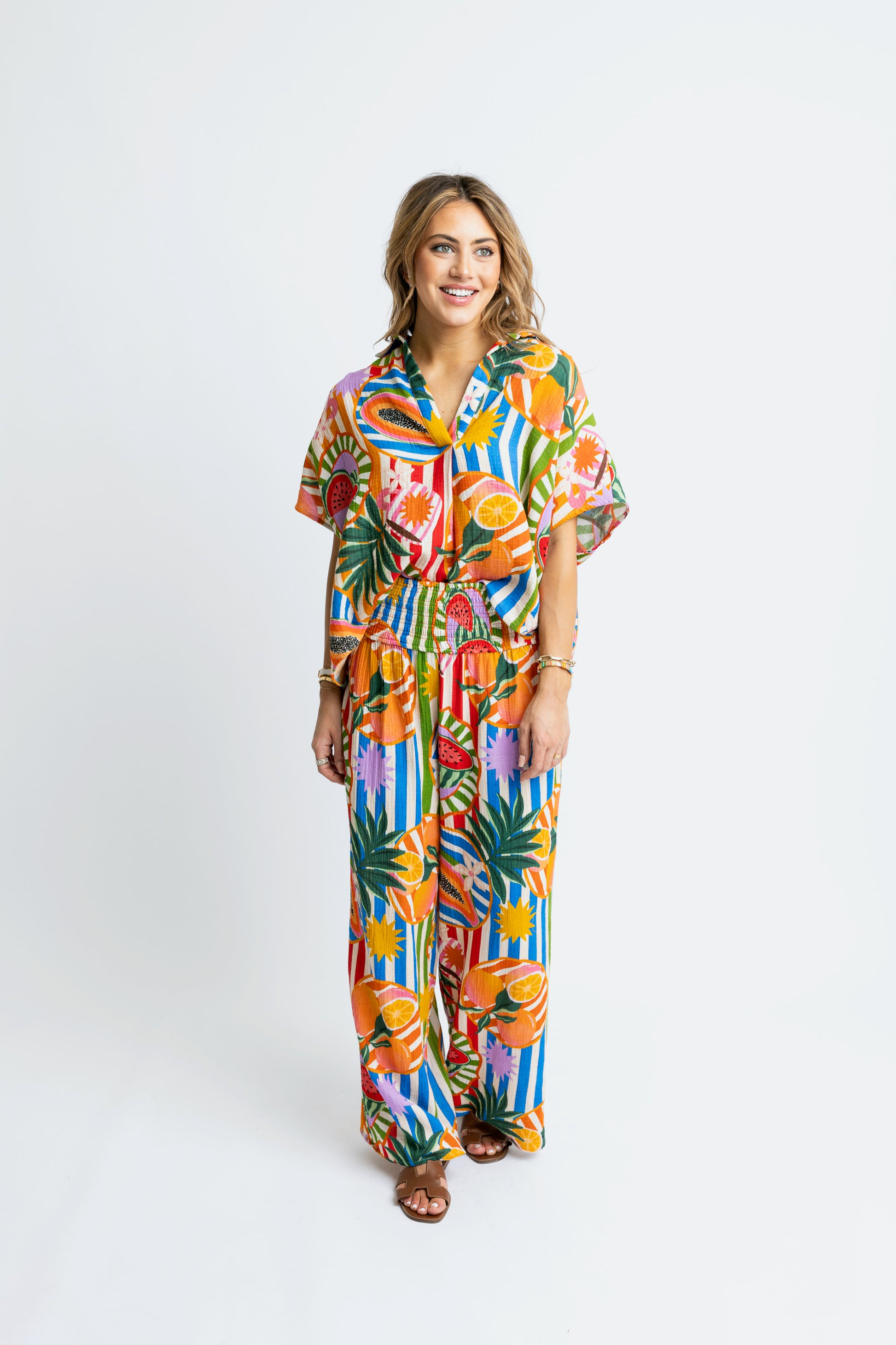 karlie tropical island fruit vneck collar top